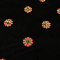 Orange Color Velvet Embroidered Fabric