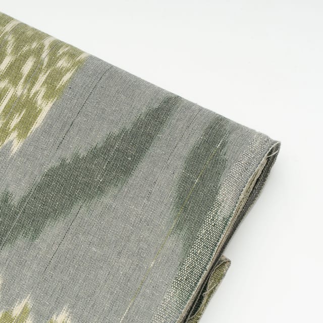 Grey with Green Color Cotton Ikat Fabric