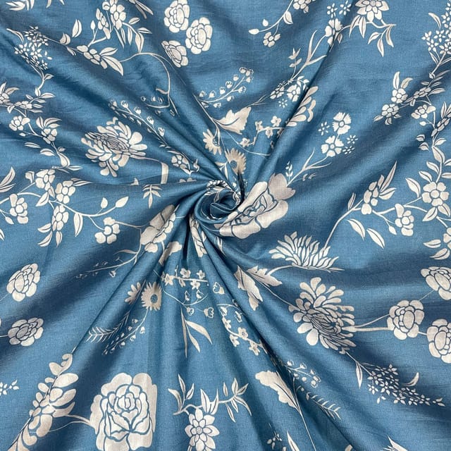 Blue Color Pure Chanderi Silk Printed Fabric