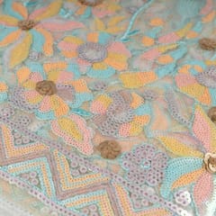 Blue Color Net Multi Color Sequins Embroidered Fabric