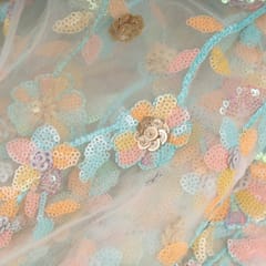 Blue Color Net Multi Color Sequins Embroidered Fabric