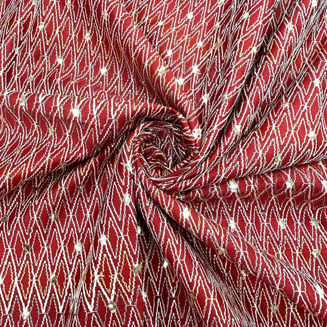 Red Color Chanderi Zigzag Embroidered Fabric