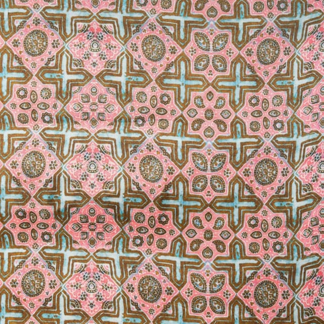 Peach & Blue Color  Modal Satin Geometrical Printed Fabric