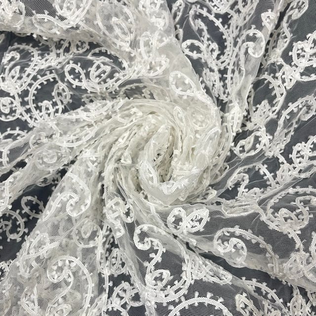 White Color Net Embroidered Fabric