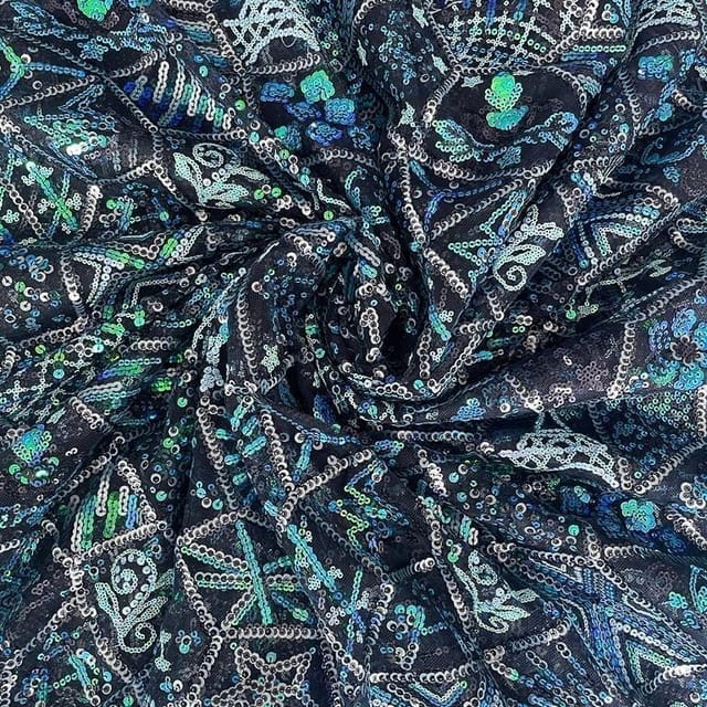 Blue Color Net Embroidered Fabric