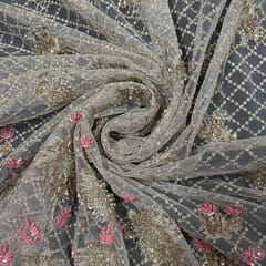 Beige Color Net Embroidered Fabric