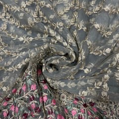 Grey Color Net Embroidered Fabric