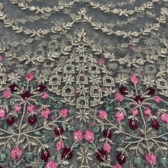 Grey Color Net Embroidered Fabric