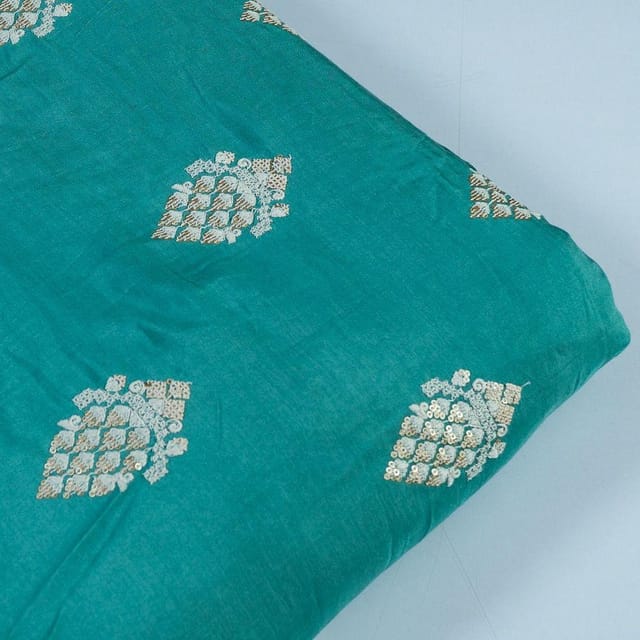 Green Color Muslin Embroidered Fabric (1.40Meter Piece)