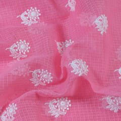 Pink Color Pure Kota Thread Embroidered Fabric (75cm Piece)