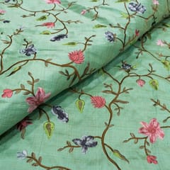 Green Color Poly Dupion Embroidered Fabric