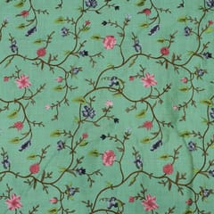 Green Color Poly Dupion Embroidered Fabric