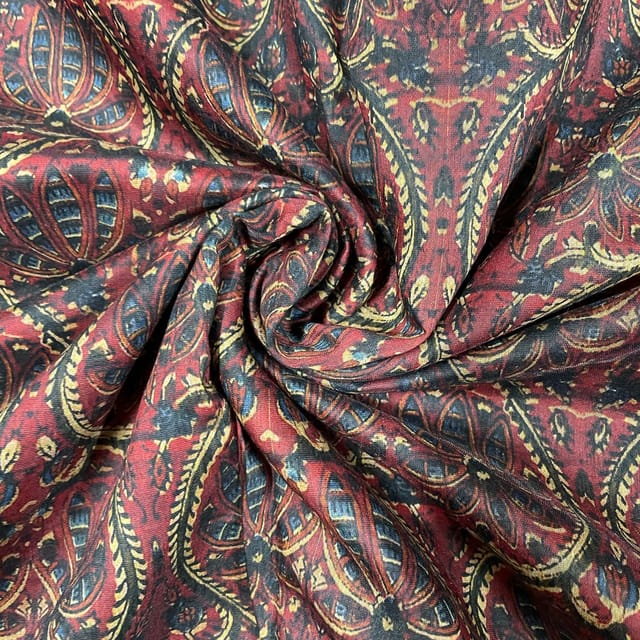 Dark Brown Color Semi Chanderi Printed Fabric