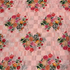 Peach Color Pure Silk Checknet Printed Fabric