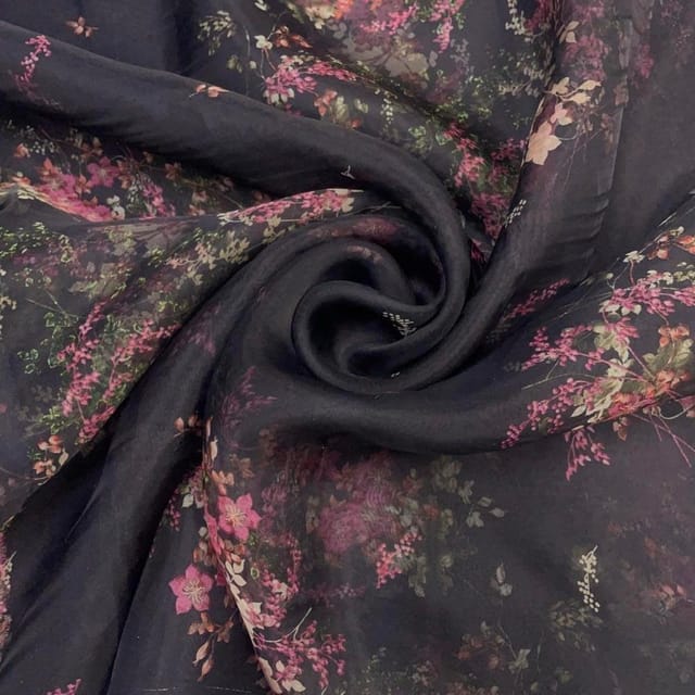 Black Floral Pure Organza Printed Fabric