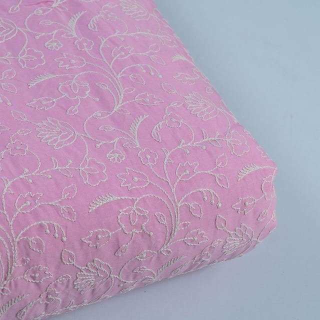 Pink Color Cotton Thread Lakhnavi Embroidered Fabric (1.20Meter Piece)