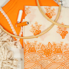 Cream Color Cotton Embroidered Fabric with Lace and Orange Color Cotton Cambric Fabric DIY Set