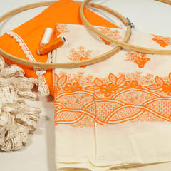 Cream Color Cotton Embroidered Fabric with Lace and Orange Color Cotton Cambric Fabric DIY Set