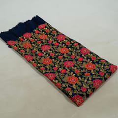 Navy Blue Color Poly Dupion Embroidered Fabric (1 Meter Piece)