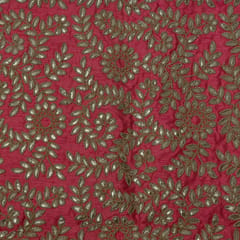 Pink Color Poly Dupion Embroidered Fabric (1.30 Meter Piece)