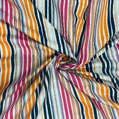 White Multicolor Stripes Cotton Linen Printed Fabric