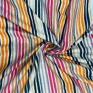 White Multicolor Stripes Cotton Linen Printed Fabric