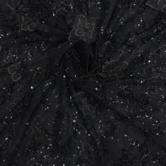 Black Color Floral Embroidered Net Fabric