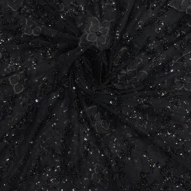 Black Color Floral Embroidered Net Fabric