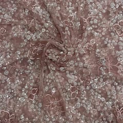 Peach Color Floral Embroidered Net Fabric