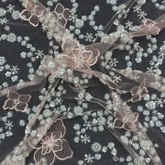 Peach Color Floral Embroidered Net Fabric