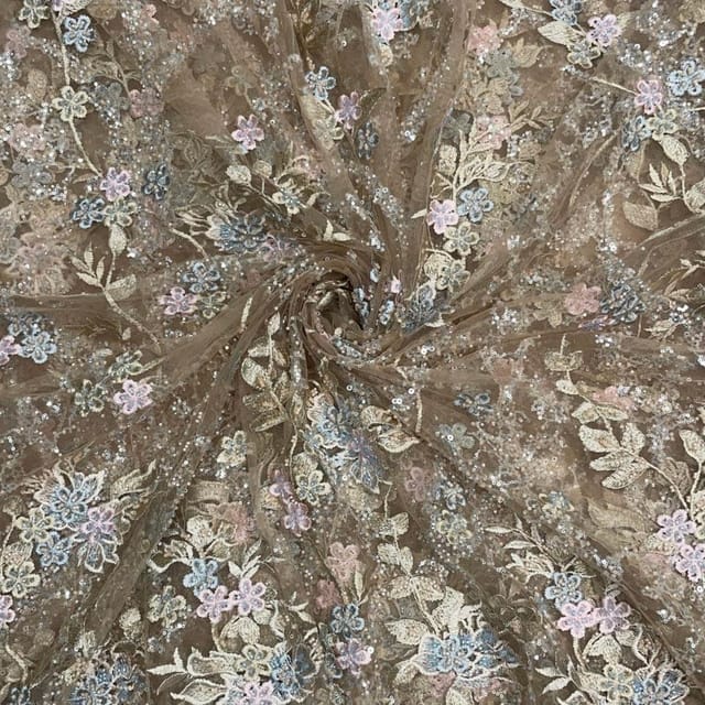 Light Brown Color Floral Embroidered Net Fabric