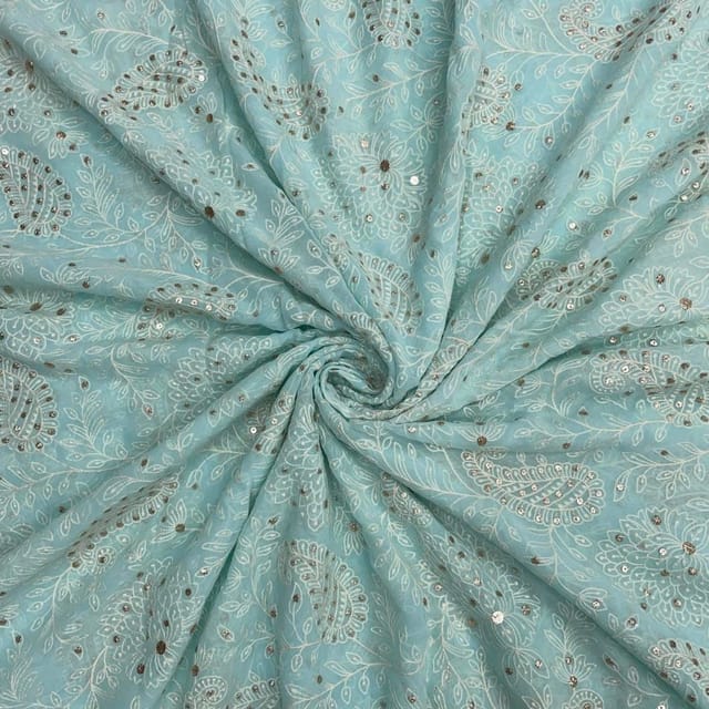 Sky Blue Color Floral Georgette Embroidered Fabric