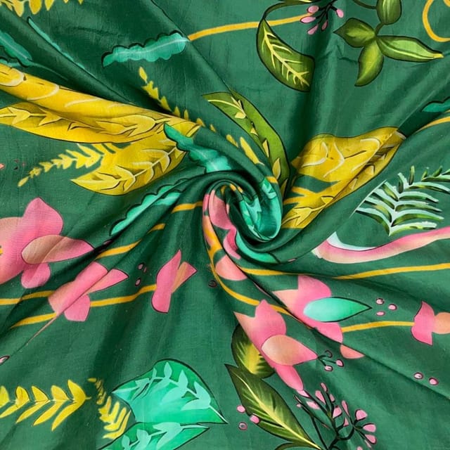 Green Color Floral Pure Dupion Silk Print Fabric