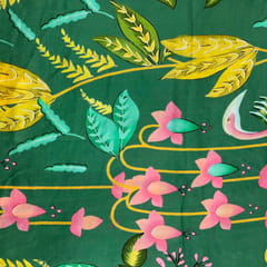 Green Color Floral Pure Dupion Silk Print Fabric