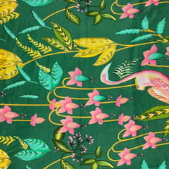 Green Color Floral Pure Dupion Silk Print Fabric