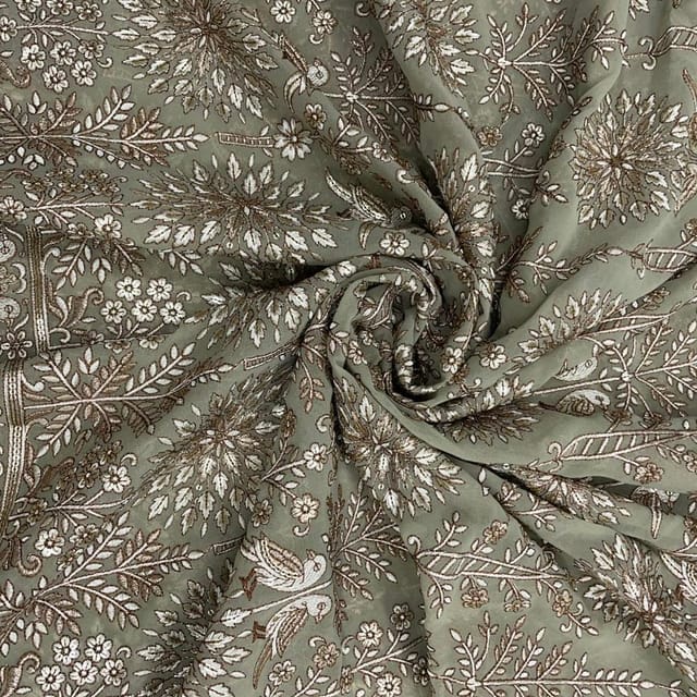 Olive Color Traditional Georgette Embroidered Fabric