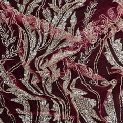 Dark Color Rosewood Floral Cut Dana Embroidered Fabric