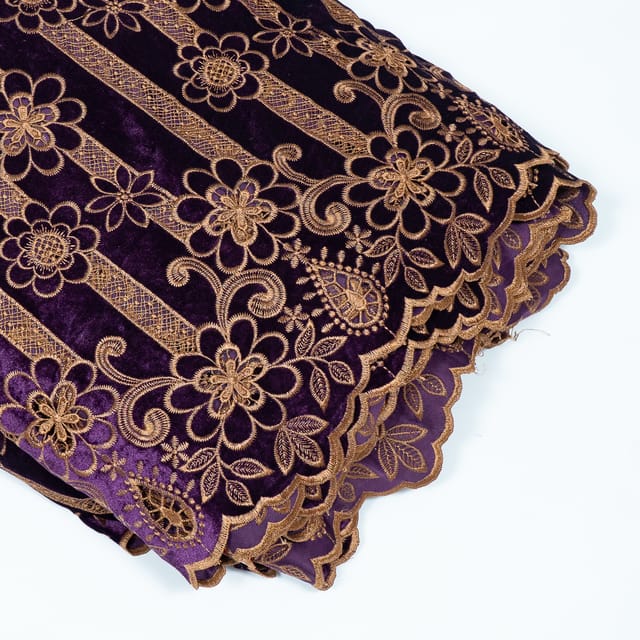 Purple Color Velvet Cutwork Embroidered Fabric