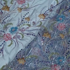 Sky Blue Color Imported Net Embroidered Fabric