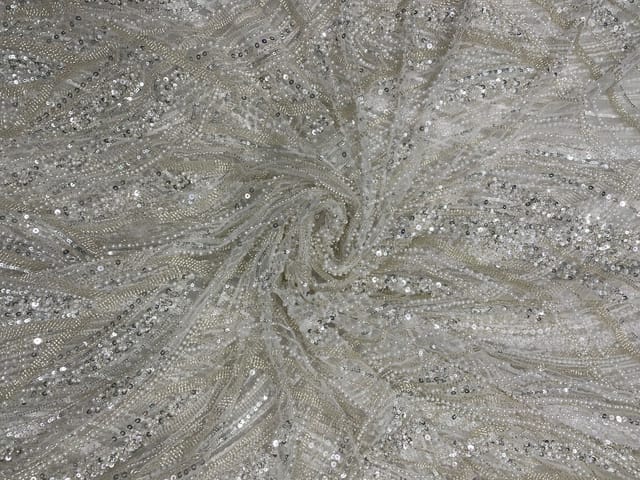 White Color Floral Cut Dana Embroiderd Net Fabric