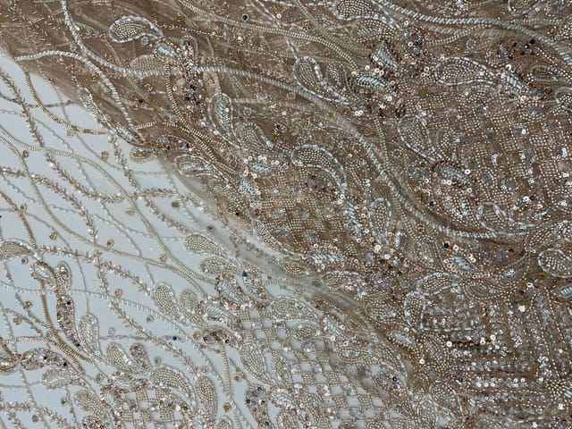 Peach Color Floral Embroiderd Net Fabric