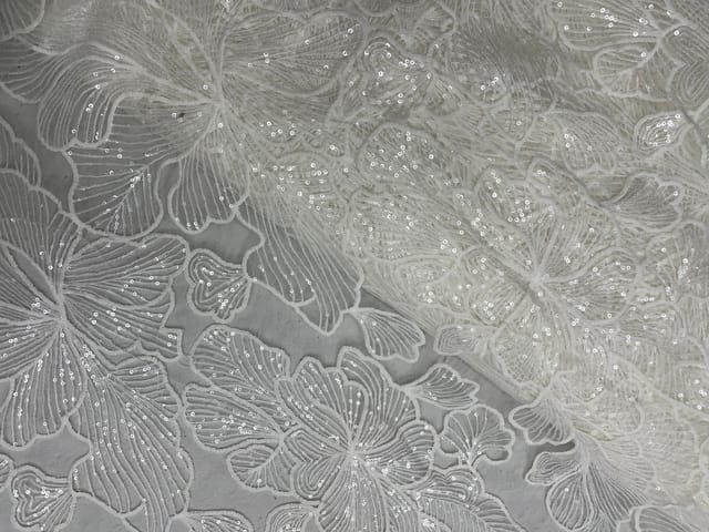 White Color Floral Embroiderd Net Fabric