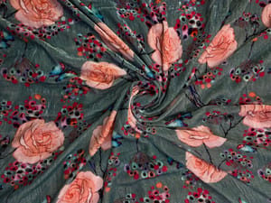 Grey Floral Pure Velvet Fabric