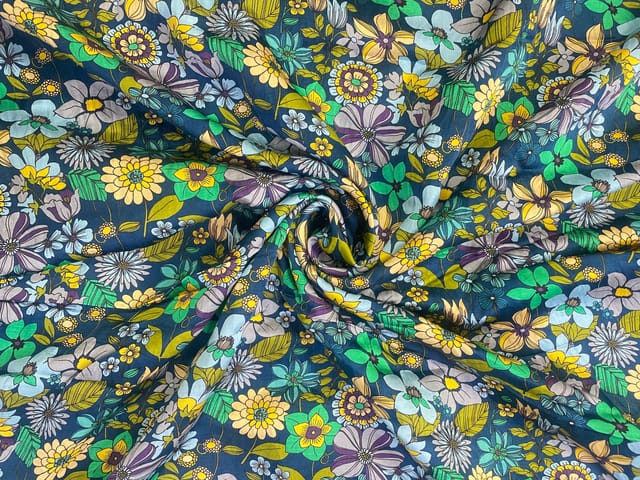 Multicolor Floral Linen Satin Fabric