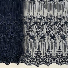 Navy Blue Color Net Embroidered Fabric