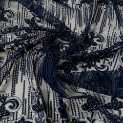 Navy Blue Color Net Embroidered Fabric