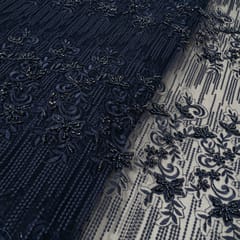 Navy Blue Color Net Embroidered Fabric