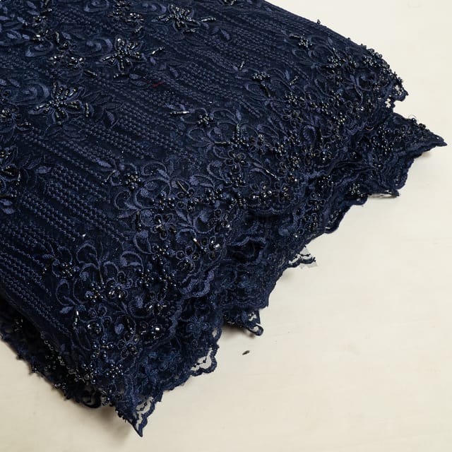 Navy Blue Color Net Embroidered Fabric