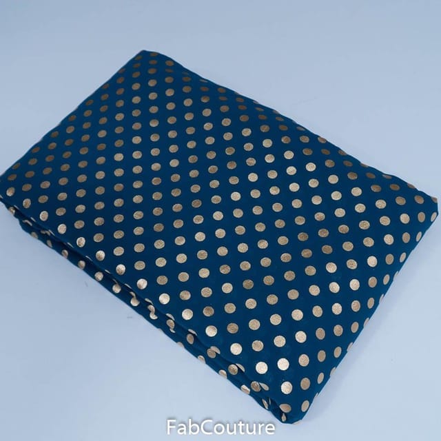 Peacock Blue Colour Georgette Foil Dots Printed Fabric