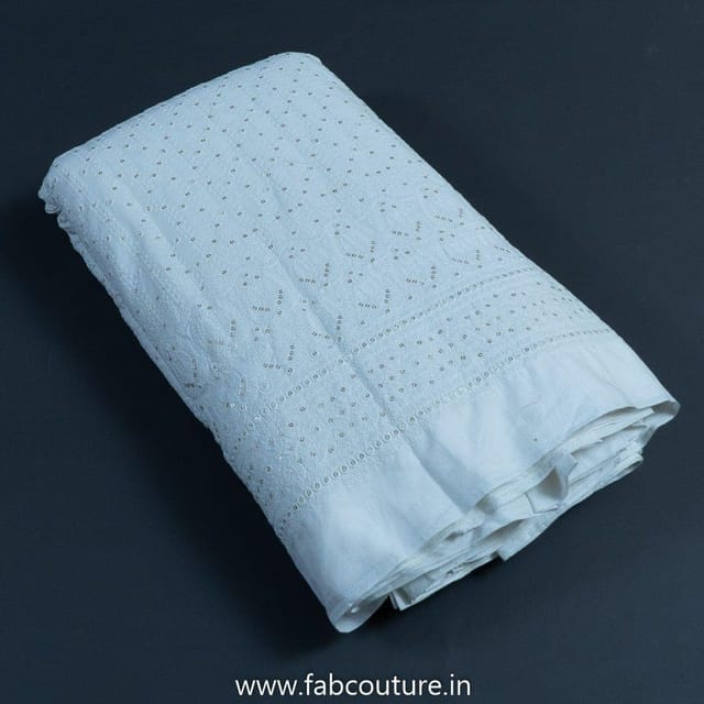 White Dyeble Cotton Lakhnavi Embroidered Fabric